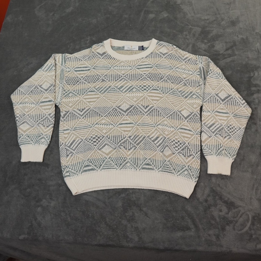 VTG Bill Blass Sweater Mens Large 3D Hand Framed Geometric Cotton Crew‎ Made USA